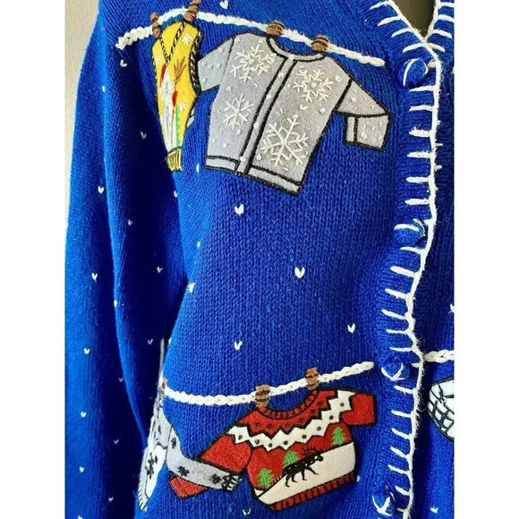 DESIGNERS ORIGINALS vintage Christmas cardigan Ugly Sweater Blue Size Small Knit - Picture 3 of 13